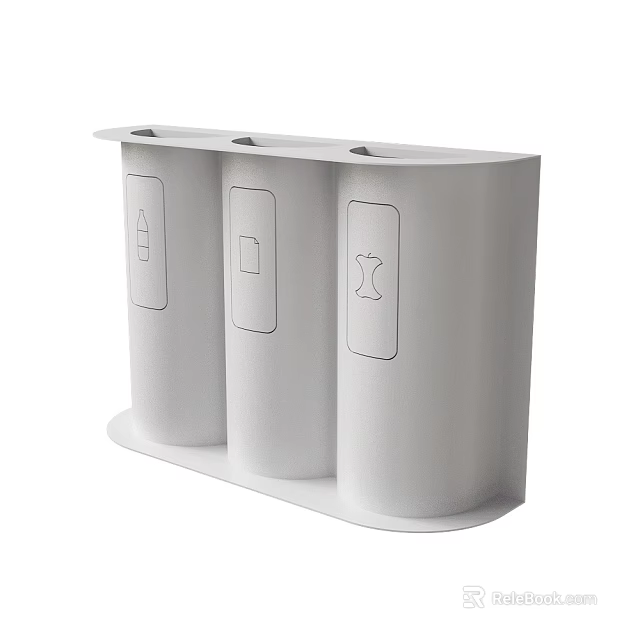 Modern White Three Section Recycling Bin With Clear Sorting Icons And Compact Design 3d model 
