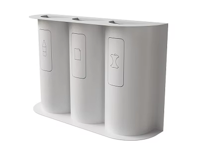 Modern White Three Section Recycling Bin With Clear Sorting Icons And Compact Design 3d model