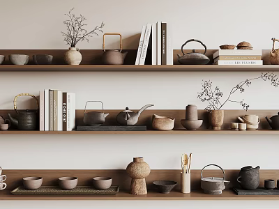 Minimalist Natural Tea Ware Display On Shelves With Books And Decorative Branches 3d model