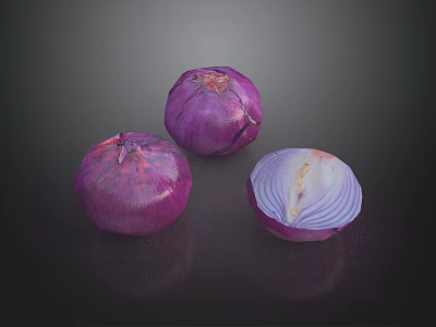 Fresh Purple Onions Whole And Sliced With Visible Layers On Dark Background 3d model