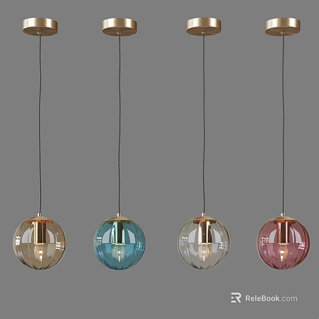 Spherical Glass Pendant Lights In Four Colors With Metal Details For Modern Interior Design 3d model 