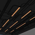 Modern Industrial Suspended Ceiling with Exposed Pipes and Linear Lighting Fixtures