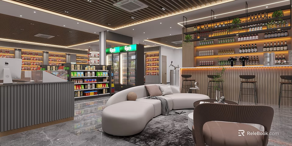 Tobacco and Liquor Store Interior With Coolers Shelves Seating Area And Bar Counter 3d model 