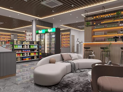 Tobacco and Liquor Store Interior With Coolers Shelves Seating Area And Bar Counter 3d model