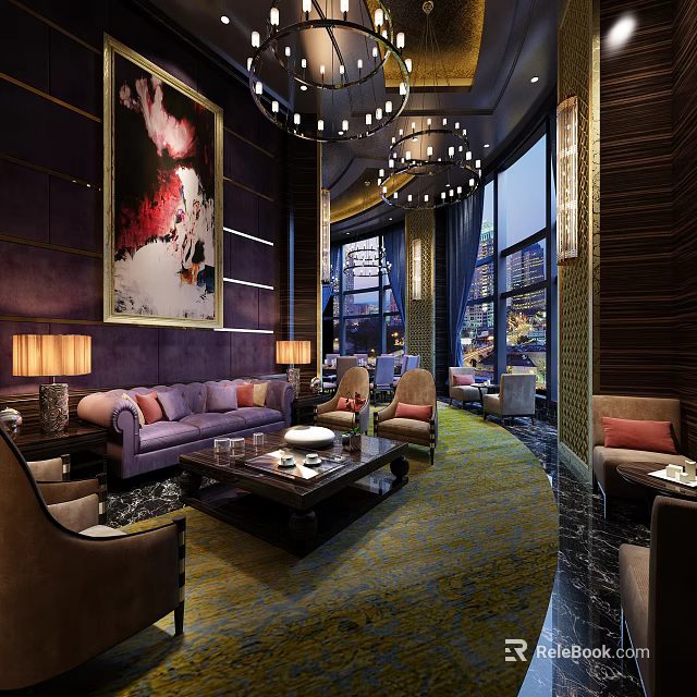Elegant Modern Restaurant Interior With Purple Sofa Chandelier Decorative Painting And Large Windows 3d model 