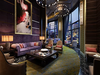 Elegant Modern Restaurant Interior With Purple Sofa Chandelier Decorative Painting And Large Windows 3d model