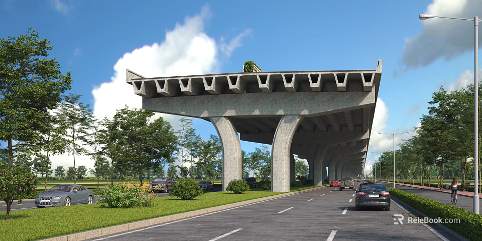 Modern Concrete Elevated Highway Bridge Extends Over Urban Road With Lush Green Plants And Vehicles 3d model 