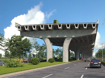 Modern Concrete Elevated Highway Bridge Extends Over Urban Road With Lush Green Plants And Vehicles 3d model
