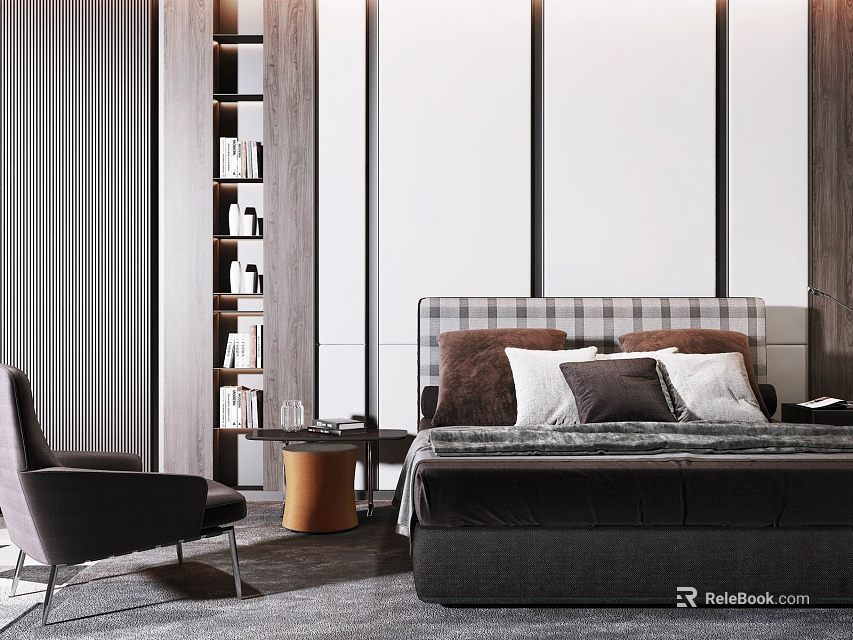 Elegant Modern Background Double Bed With Plaid Headboard White Brown Pillows And Gray Armchair 3d model 