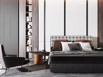 Elegant Modern Background Double Bed With Plaid Headboard White Brown Pillows And Gray Armchair 3d model