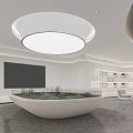 Modern Conference Room Interior Design With Circular Ceiling Colorful Pendant Light Tech Screen And Brown Chairs