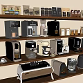 Coffee Kitchen Appliances Display On Wooden Shelves With Coffee Bags Cups And Accessories