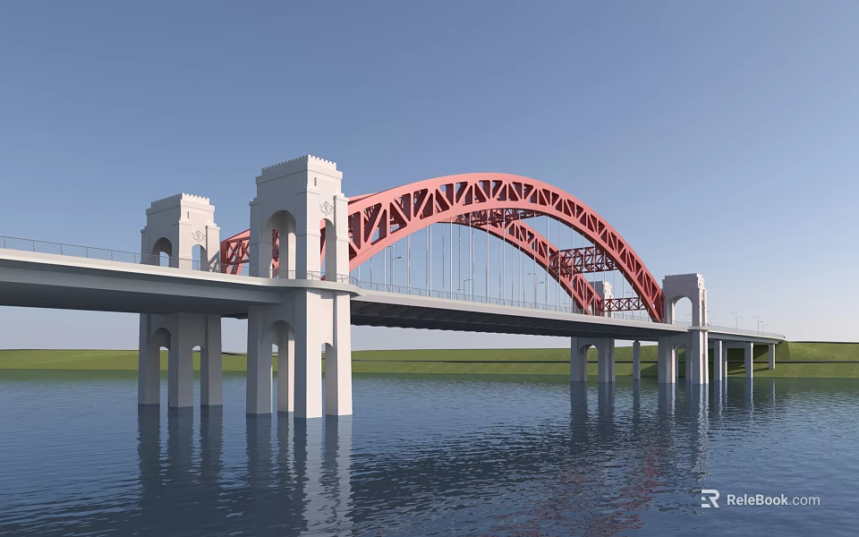 Red Arch Bridge With White Piers And Towers Over Calm Water Under Blue Sky 3d model 