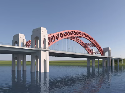 Red Arch Bridge With White Piers And Towers Over Calm Water Under Blue Sky 3d model