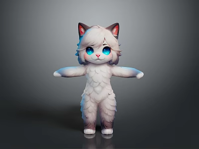 Cute White Cartoon Cat Character With Fluffy Fur Blue Eyes Pink Ears And Standing Pose 3d model
