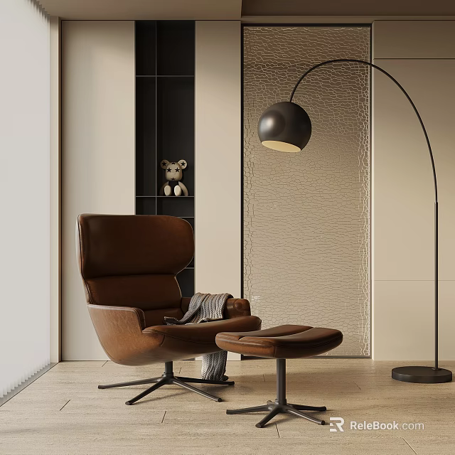 Brown Leather Chair With Ottoman And Modern Floor Lamp In Cozy Living Space 3d model 