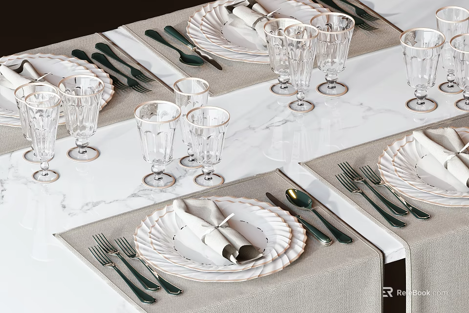 Elegant Tableware Set With Plates Glasses Cutlery And Napkins On Marble Dining Table 3d model 