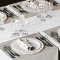 Elegant Tableware Set With Plates Glasses Cutlery And Napkins On Marble Dining Table