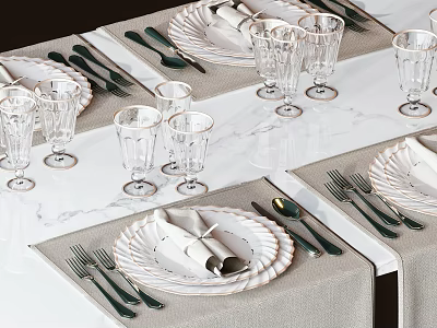 Elegant Tableware Set With Plates Glasses Cutlery And Napkins On Marble Dining Table 3d model