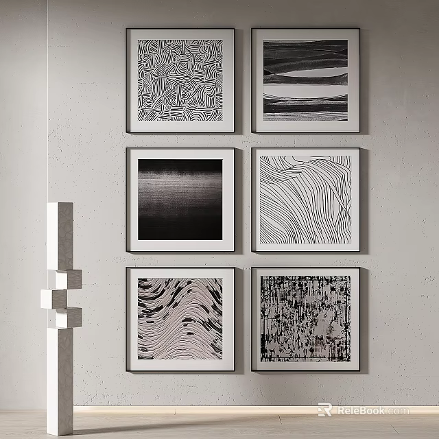 Modern Abstract Paintings Framed Artworks Hanging On Wall With Linear Textured Patterns 3d model