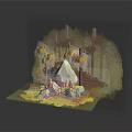Autumn Forest Camp Scene with Campfire Tent Yellow Trees and Rocks