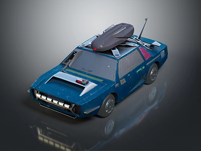 Blue Retro Car With Roof Mounted Device And Antenna Exterior Design Features 3d model