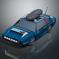 Blue Retro Car With Roof Mounted Device And Antenna Exterior Design Features