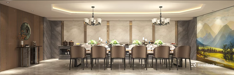 Elegant Modern Restaurant Interior With Upholstered Chairs Chandeliers And Flower Arrangements 3d model 