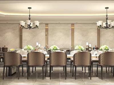 Elegant Modern Restaurant Interior With Upholstered Chairs Chandeliers And Flower Arrangements 3d model