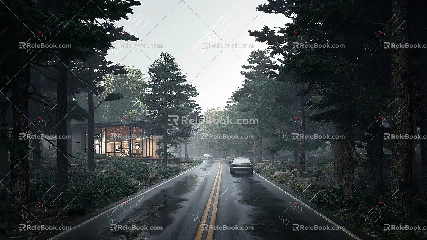 Villa Forest Road Rainy Day Landscape 3d model