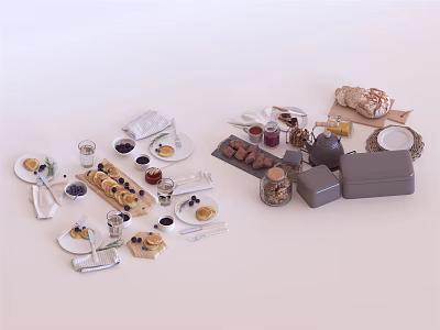 Assorted Foods Display With Desserts Drinks Bread Jam Nuts And Tableware 3d model