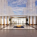 Modern Entrance Gate Design With Glass Doors Marble Columns Circular Opening And Greenery Water Pool