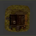 Cartoon Two Story Small Cottage With Thatched Roof Wooden Stairs Barrels And Porch