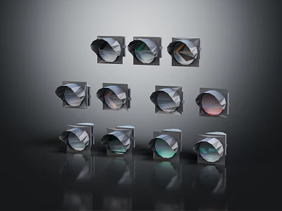 Twelve Metal Outdoor Spotlights With Various Colored Lights Arranged in Grid on Reflective Surface 3d model