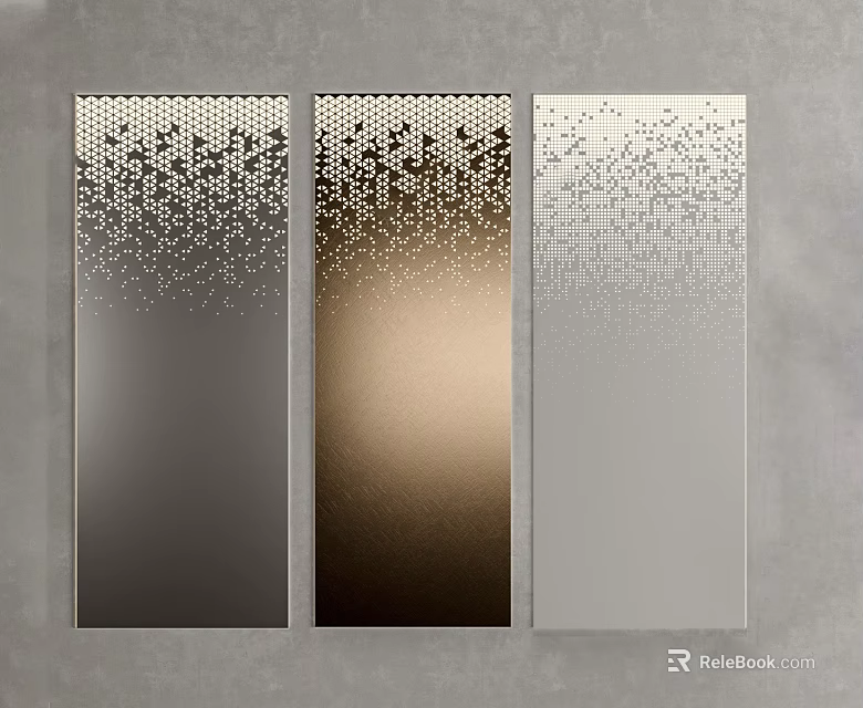 Modern Wall Panels in Dark Gray Gold Light Gray with Gradient Dot Patterns 3d model 