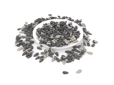 Sunflower Seeds Of Different Colors In White Plate And Scattered 3d model