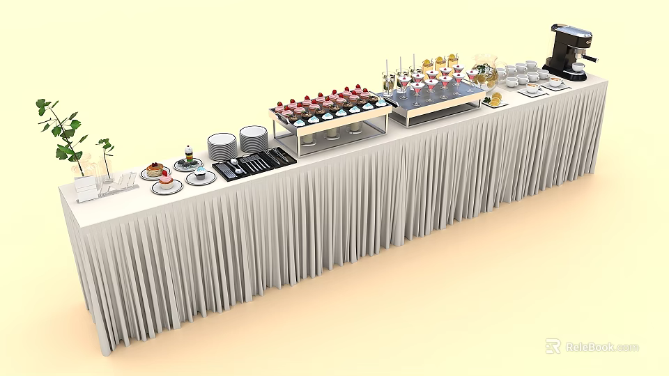 Elegant Buffet Table Setup With Assorted Food Drinks And Tableware 3d model 