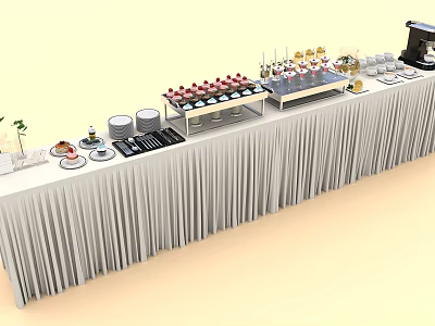 Elegant Buffet Table Setup With Assorted Food Drinks And Tableware 3d model
