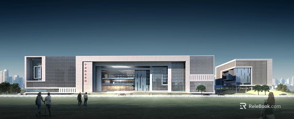 Modern Office Building Exterior Design With Glass Curtain Walls Lawn And People Walking 3d model 