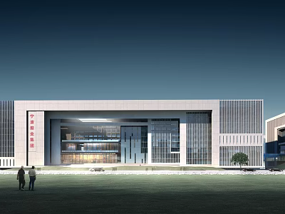 Modern Office Building Exterior Design With Glass Curtain Walls Lawn And People Walking 3d model