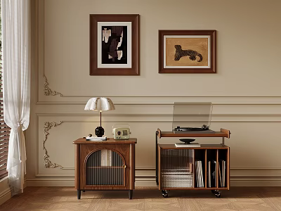 Classic Wooden Side Tables with Table Lamp Radio Record Player Framed Art and Curtains 3d model