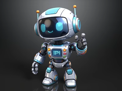 Cute Modern Silver Blue Robot With Antenna Waving Hand And IPI Logo 3d model