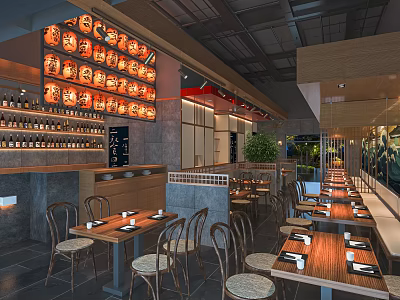 Modern Restaurant Interior With Wooden Tables Chairs Wine Rack And Decorative Lighting 3d model