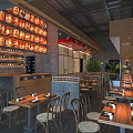 Modern Restaurant Interior With Wooden Tables Chairs Wine Rack And Decorative Lighting