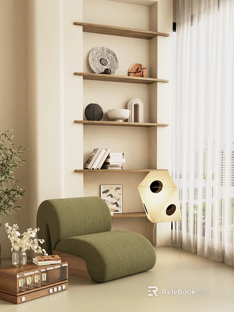 Green Bean Bag Chair In Cozy Living Room With Bookshelf Decorations Table Lamp And Window 3d model 