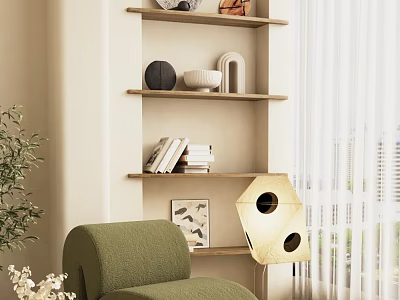 Green Bean Bag Chair In Cozy Living Room With Bookshelf Decorations Table Lamp And Window 3d model