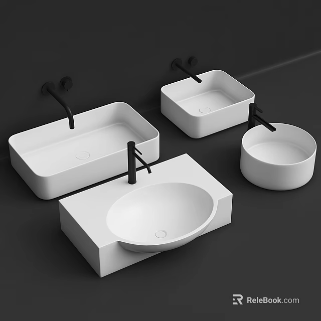 Modern Bathroom Washbasins With Square And Round Shapes And Black Faucets 3d model 