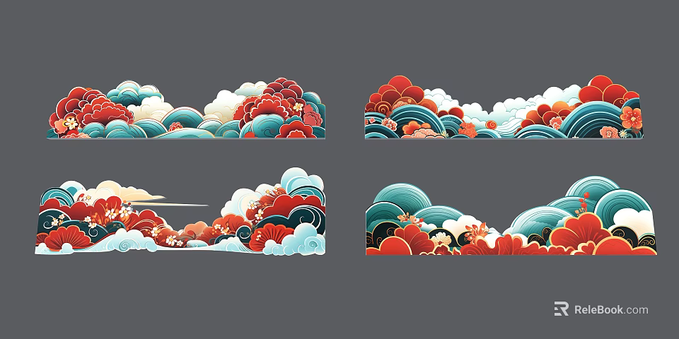 Traditional Style Wall Decor With Cloud Patterns And Floral Elements In Red Blue Colors 3d model