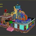 Cartoon Playground Scene With Colorful Buildings Spider Man Decorations And Red Steps