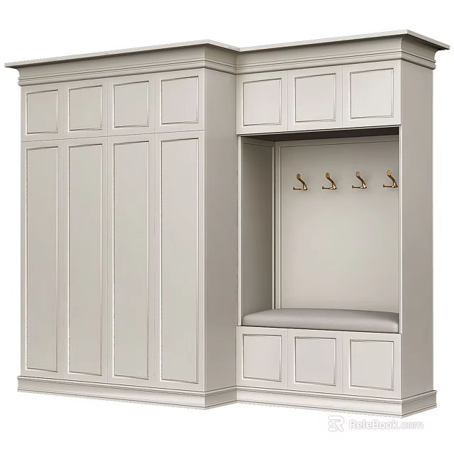 White Modern Wardrobe With Multiple Doors Coat Hooks And Storage Bench 3d model